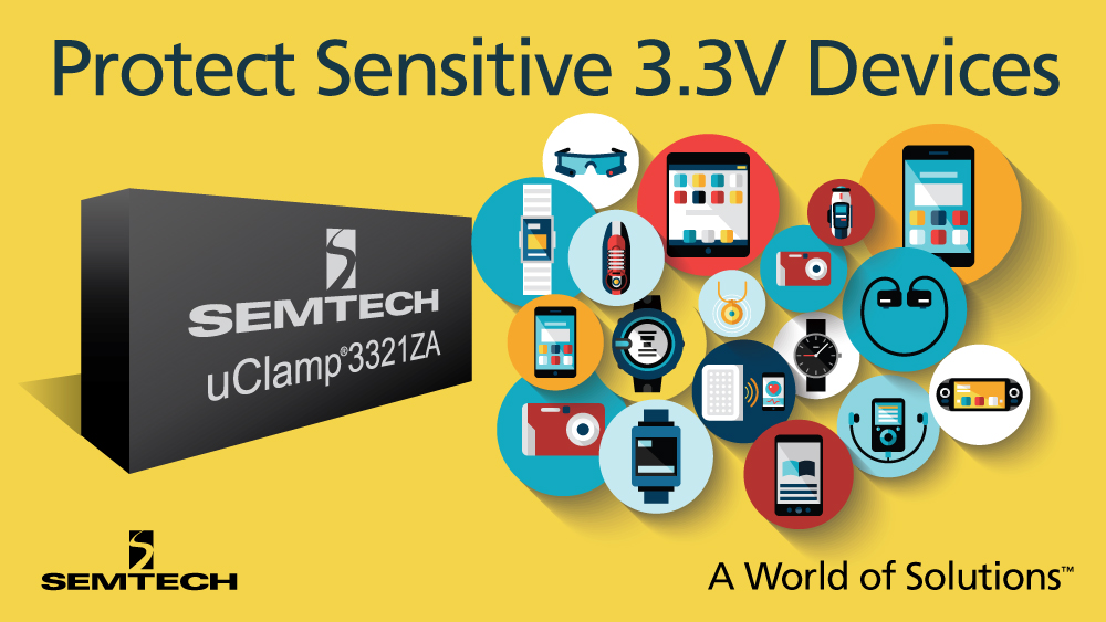 Супрессор µClamp3321ZA компании Semtech с рабочим напряжением 3.3. В для низковольтных интерфейсов