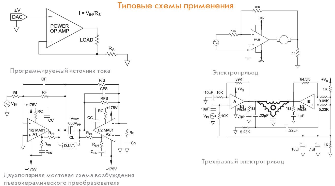 Типовые схемы применения мощных операционных усилителей Apex