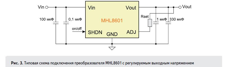 Типовая схема подключения радиационно-стойкого DC/DC преобразователя MHL8601 Microsemi с регулируемым выходным напряжением