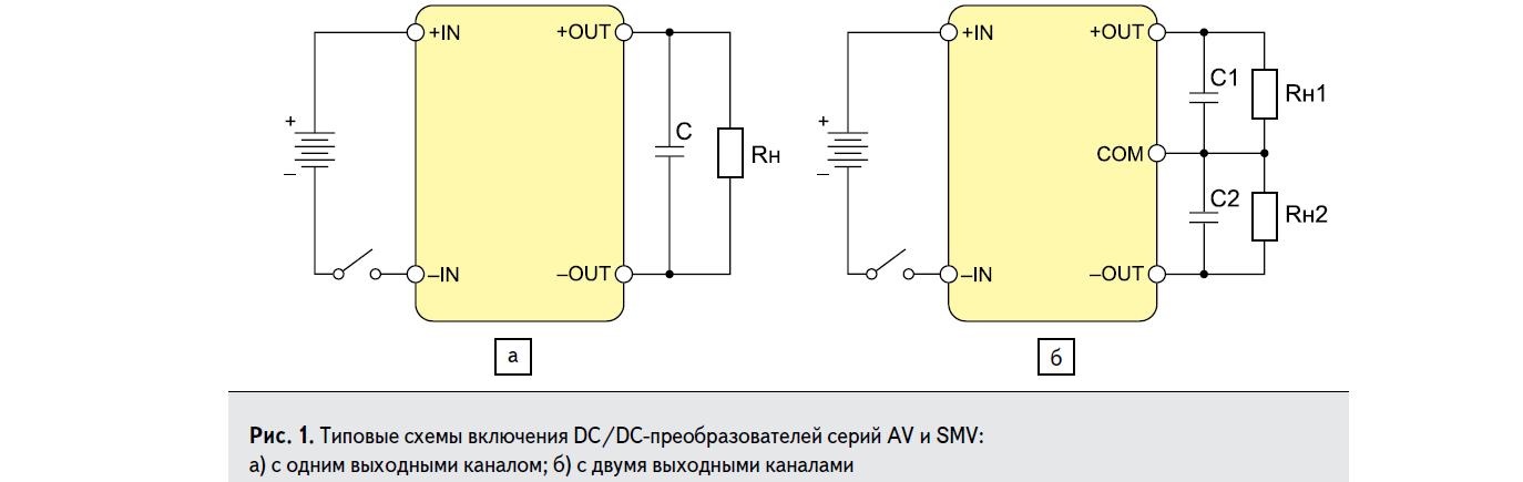 Типовые схемы включения DC/DC преобразователей серий AV и SMV PICO Electronics: а) с одним выходным каналом; б) с двумя выходными каналами