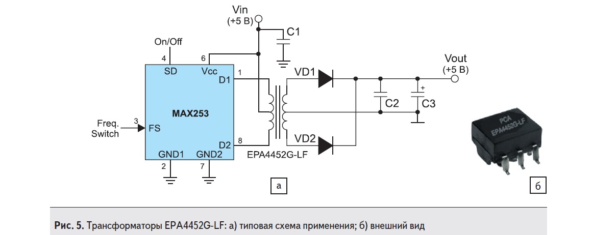 Трансформаторы EPA4452G компании PCA Electronics: а) типовая схема применения; б) внешний вид