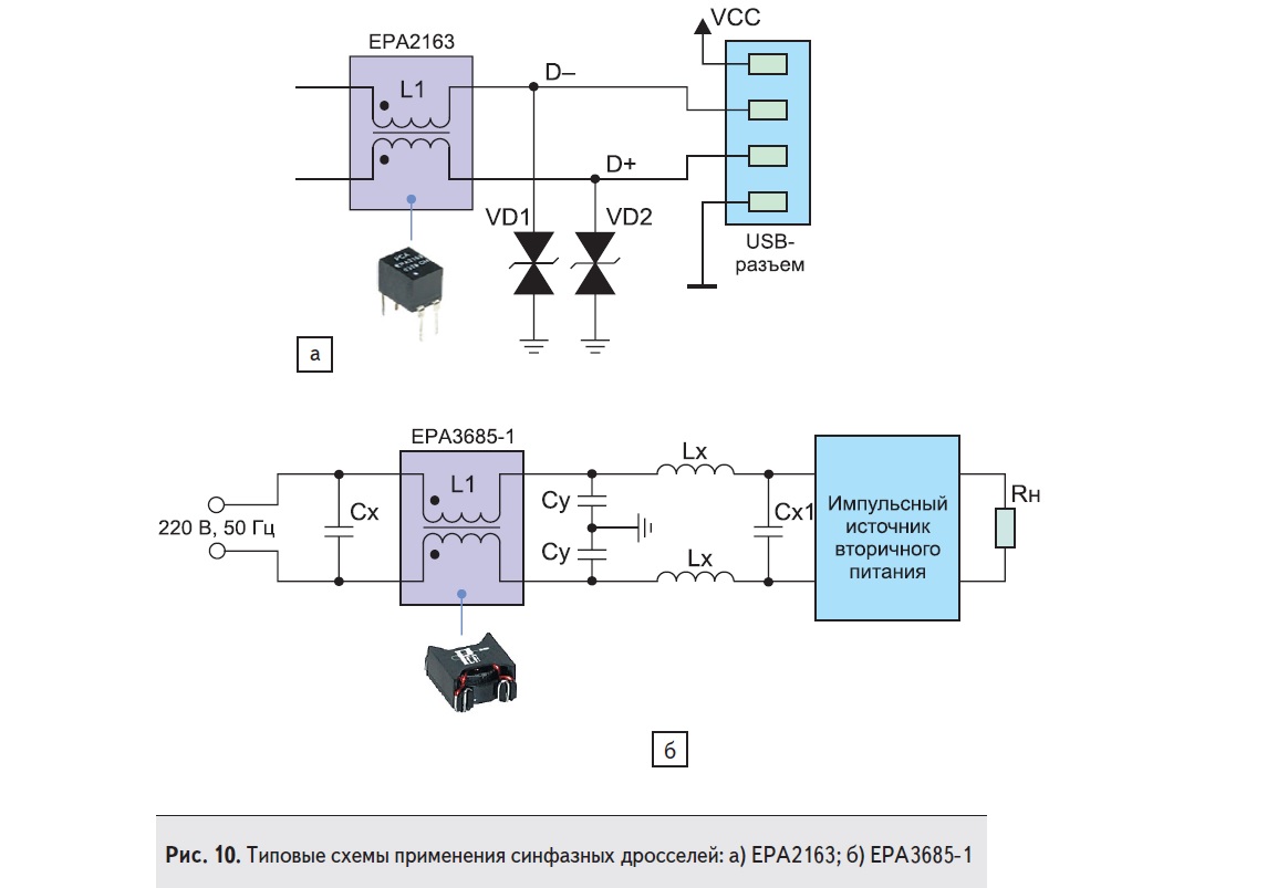 Типовые схемы применения синфазных дросселей EPA2163 и EPA3685-1 компании PCA Electronics
